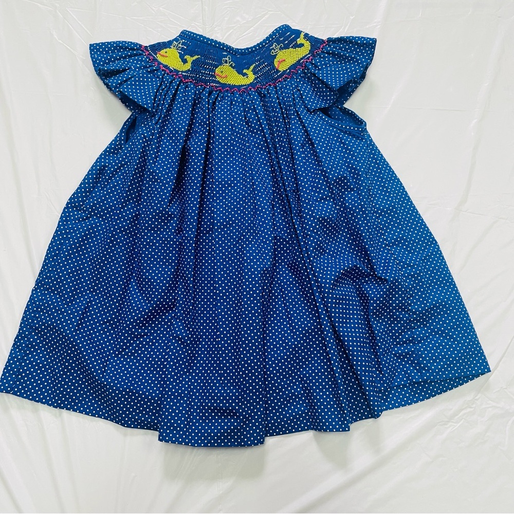 Lolly Wolly Doodle - White & Blue Polka Dot Whale Smocked Bishop Dress Sz 4